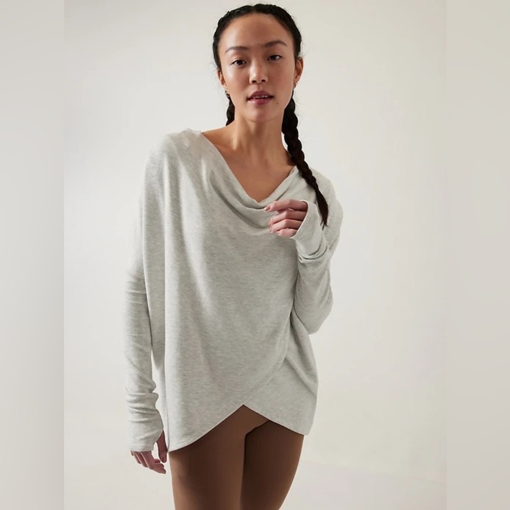 Athleta Light Heather Grey Purana Wrap Hooded Sweatshirt Yoga Workout Soft Small